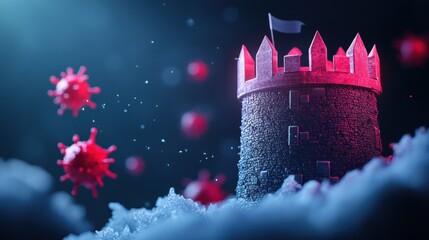 Wall Mural - a graphic of a fortress under attack by a swarm of digital viruses, representing the ongoing battle 