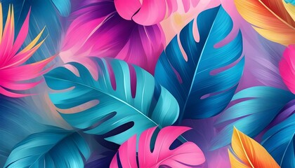 Wall Mural - Vibrant tropical floral pattern featuring lush exotic leaves