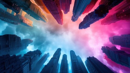 Wall Mural - a panoramic view of a fantastical city with buildings that defy gravity and light up with ethereal c