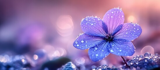 Sticker - A single purple flower with water droplets on its petals, set against a blurry background of soft pink and purple hues.