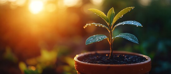 Wall Mural - Closeup of a small green plant with water droplets on leaves in a terracotta pot with blurred golden light in background.