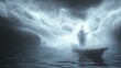 © Jakkarin - Eerie Japanese Legend: Ghostly Fisherman Casting Net in Dark Sea with Swirling Mist and Shadows