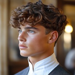 Wall Mural - Handsome Young Man with Curly Hair and Blue Eyes