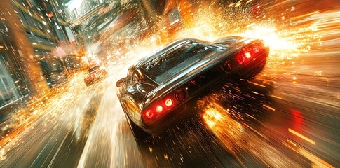 A fast black sports car speeding through a city at night with sparks flying off the wheels.