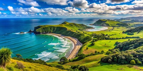 Wall Mural - Surrounded by hills, Port Waikato reveals a picturesque coastal view, where vibrant greenery meets the endless blue