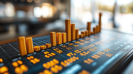 Wall Mural - A vibrant bar chart displays financial data analysis in a contemporary office, illuminated by natural light, revealing market trends and insights