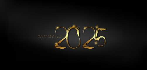 Wall Mural - Happy New Year 2025 in shimmering gold on a dark black background, representing a festive and hopeful start to the year