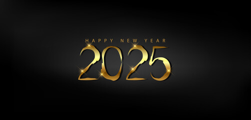 Wall Mural - Happy New Year 2025 in shimmering gold on a dark black background, representing a festive and hopeful start to the year