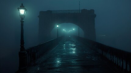 Canvas Print - Mysterious Bridge in Foggy Night