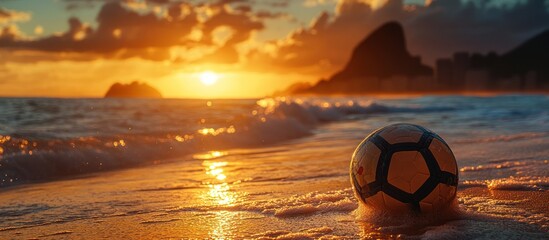 Wall Mural - A soccer ball lies on the sand of a beach at sunset. The water is in the foreground, and the setting sun is visible behind the waves.