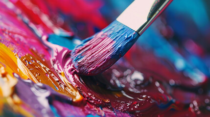 A close-up of a paintbrush dipping into vibrant paint, capturing the moment of creativity in an artistic activity.