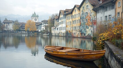 Poster - Charming Swiss Town with a Boat on the Canal