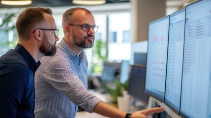 Wall Mural - project manager and it specialist collaborating in a monitoring office