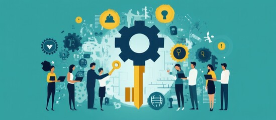 Wall Mural - business people collaborate to unlock the potential of a large gear, representing growth and success
