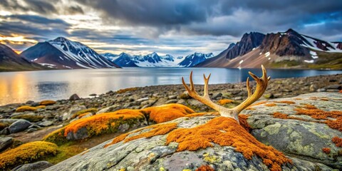 landscape over a fjord on spitsbergen with orange lichen-covered rock and reindeer antler in extreme