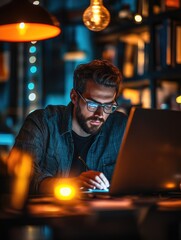 Wall Mural - Professional Man Working at Laptop in Bar