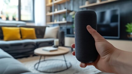 A person using a smart speaker in a modern living room