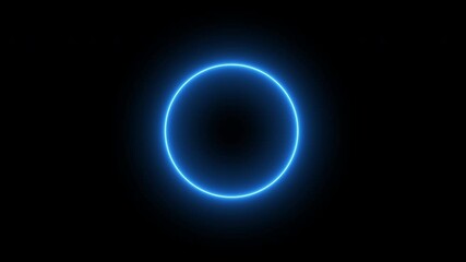 Blue neon circle on black background, loop spectrum animation, glowing neon light