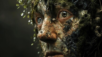 Canvas Print - Surreal Face Covered in Moss and Roots