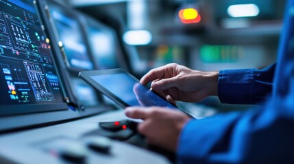 Computer Science Engineer working on a digital tablet in a control room