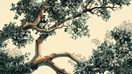 A detailed illustration of a treeâ€™s stem and branches in a garden setting, highlighting the beauty of its growth and natural design