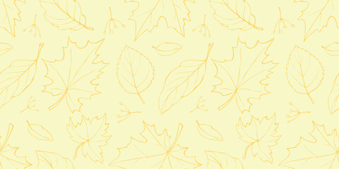 Wall Mural - Seamless pattern falling leaves. Vector light autumn texture isolated on yellow, flat doodle style, outline. Concept of forest, leaf fall, nature, seasons