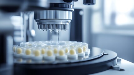 Fototapete - A laboratory instrument is precision dispensing liquid into a series of small vials arranged in a circular configuration, highlighting a moment of chemical analysis in a modern lab setting.