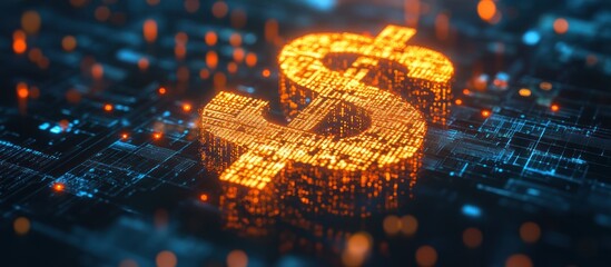 Poster - A glowing orange dollar sign is made up of digital code and sits on a dark blue circuit board, representing the concept of digital currency or financial technology.