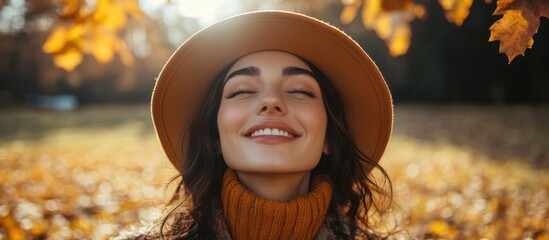 Wall Mural - A young woman with her eyes closed, smiling contentedly while standing in a field of fallen autumn leaves.