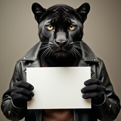 Wall Mural - Anthropomorphic panther holding blank sign, wearing a leather jacket.