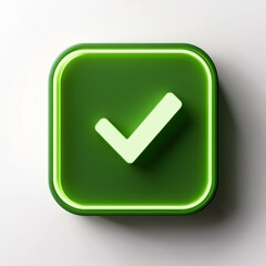 3d social media notification neon light check mark icon in green rounded square pin isolated on white background with shadow 3D rendering