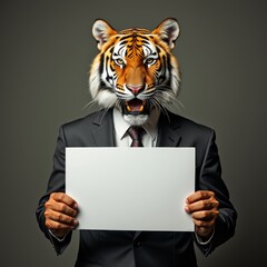 Wall Mural - Anthropomorphic tiger holding blank sign, wearing a suit.