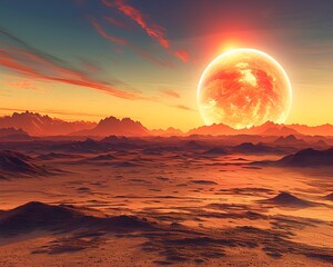 Wall Mural - dramatic sunrise over alien landscape with vibrant colors and shadows