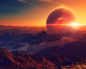 Wall Mural - alien landscape with dramatic sunrise over the horizon
