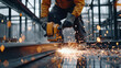 © Mirjana - A construction worker operates a circular saw, creating sparks while cutting metal at a construction site in the late afternoon