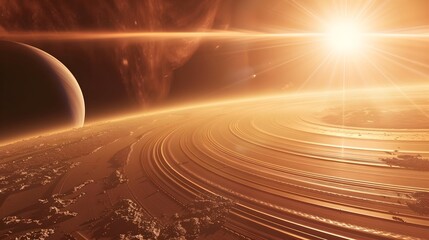 Wall Mural - panoramic view of ringed planet illuminated by nearby sun with intricate shadows
