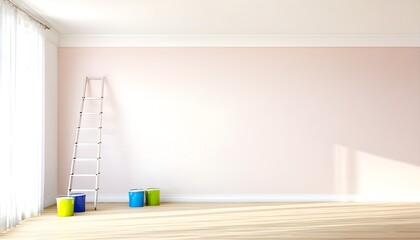 Wall Mural - Transforming a New Apartment: Pink Wall Makeover with Ladder and Paint Bucket