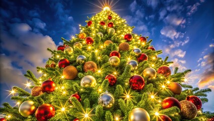 Low angle view of a festive Christmas tree adorned with baubles and glistening lights