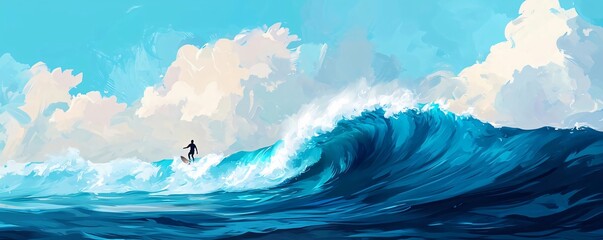 A vibrant illustration of a surfer riding a high blue wave under a clear sky with fluffy clouds, capturing excitement and adventure.