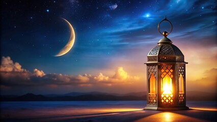 Low angle view of lantern with candle against night sky with waning crescent moon during Ramadan