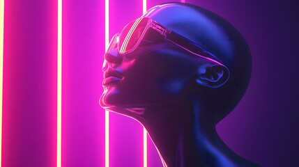 Robot or Artificial Human made of iridescent plastic material in neon lights. 3d rendering illustration in sci-fi futuristic style. 