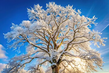 Low angle view of winter snow covered tree with Christmas decorations