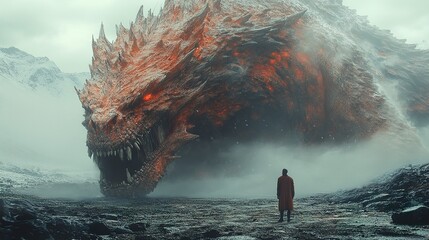 Sticker - A Man Faces a Fearsome Dragon in a Foggy Mountain Landscape