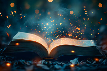 Canvas Print - Magic book with open pages and abstract bokeh background.