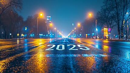 A bustling city street shines with reflective blue lights, featuring the number 2025, symbolizing modernity, progress, and hope against a vibrant cityscape backdrop.