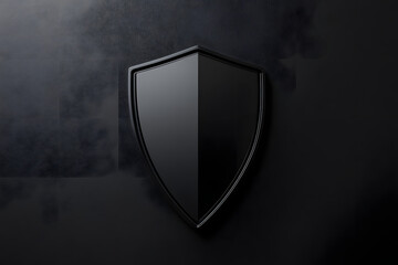 A sleek black shield icon symbolizing security and protection, set against a smooth dark background in a minimalist design.