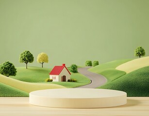 Wall Mural -  Empty podium against a green farm background for product presentation. Mockup platform with a village house and a road,