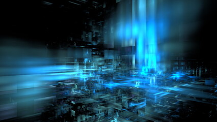 Wall Mural - a vibrant display of blue light streaks contrasts against dark geometric shapes, evoking a sense of 