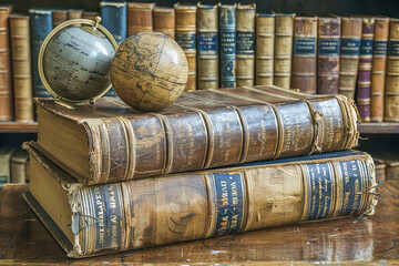 two globes sitting on stack of antique books in library