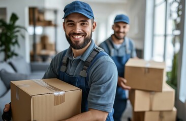 Smiling delivery workers carrying boxes in modern home, professional movers providing relocation and moving services
